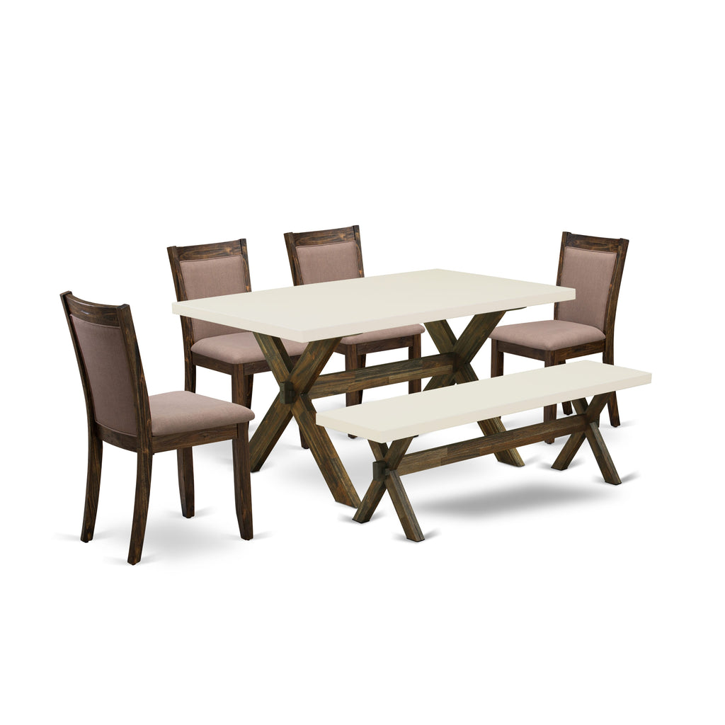 X726MLE2L-Y Dining Set Rectangular Table with X-Legs, Bench & 4 Coffee Linen Seats, Multi-Color