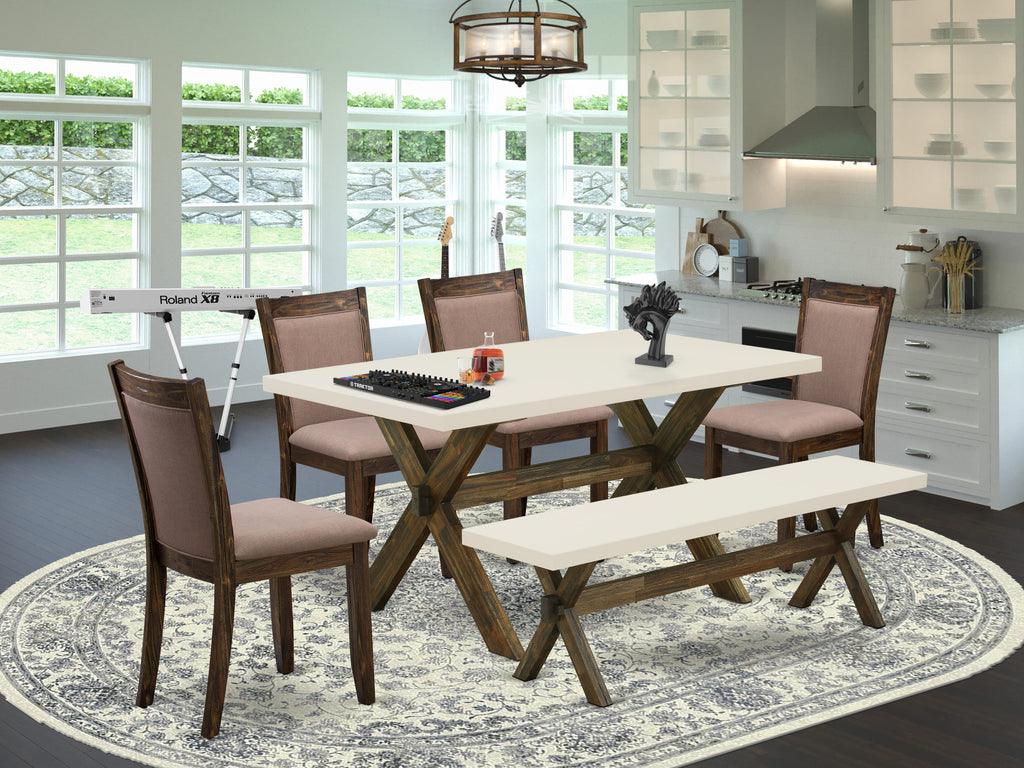 X726MLE2L-Y Dining Set Rectangular Table with X-Legs, Bench & 4 Coffee Linen Seats, Multi-Color