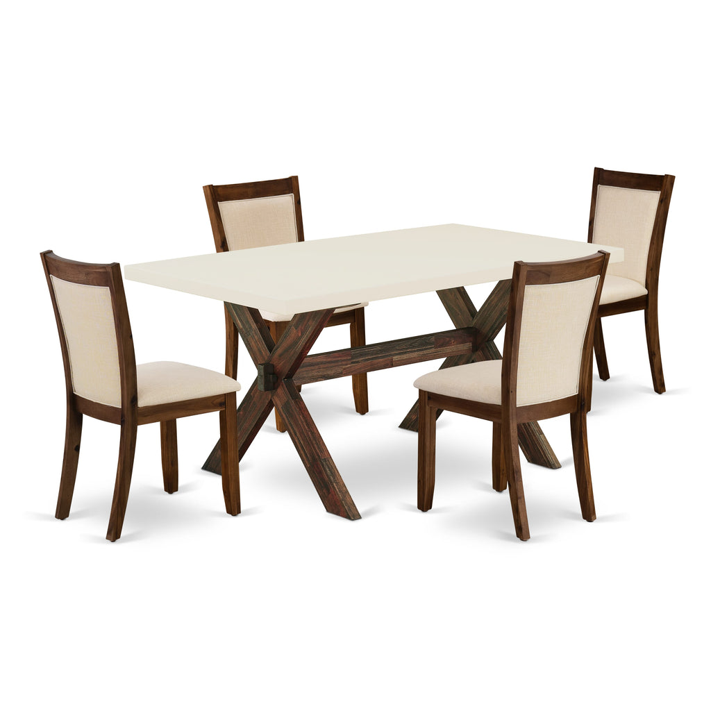 X726MY6AJ-7 Stylish 5-Piece Dining Ensemble with Upholstery for Four, Featuring X-Leg Rectangle Table and Beige Fabric Chairs, 36x60 inches, Multicolor