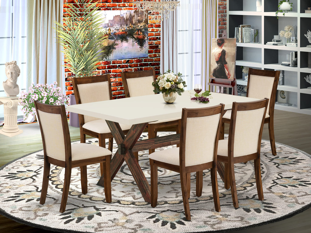 X726MULS5-L 7-Piece Dining Ensemble Rectangular Table with X-Legs & 6 Upholstered Beige Chairs
