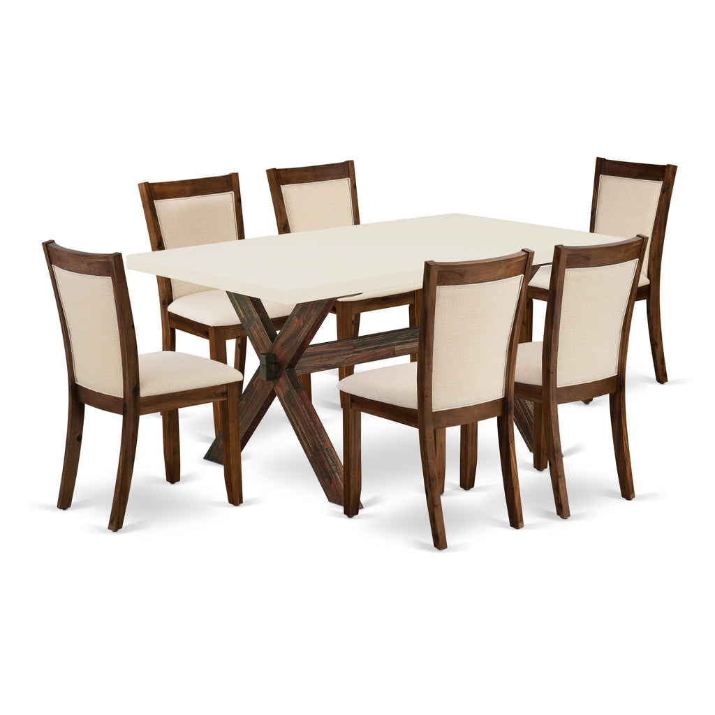X726MULS5-L 7-Piece Dining Ensemble Rectangular Table with X-Legs & 6 Upholstered Beige Chairs