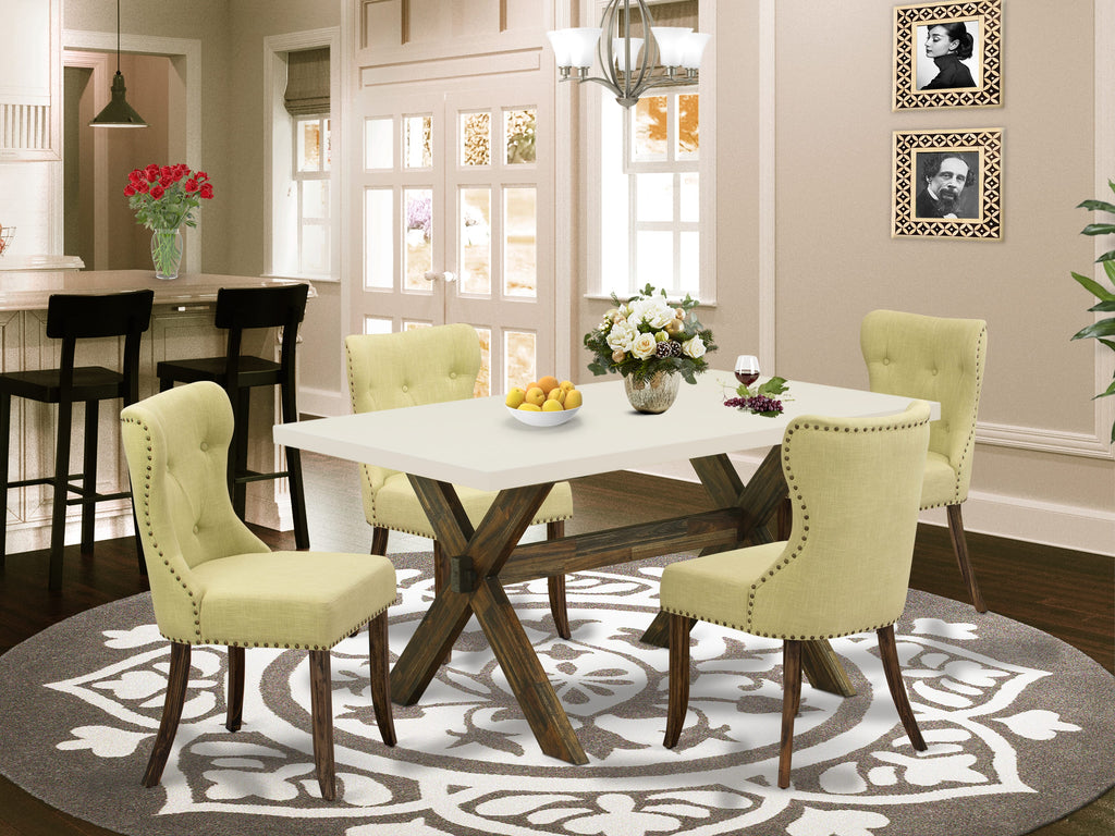 X726SMKA7-B 5-Piece Dining Set Rectangular Table with X-Legs & 4 Limelight Linen Parsons Chairs, 36x60