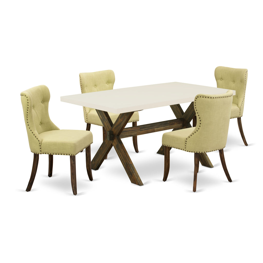 X726SMKA7-B 5-Piece Dining Set Rectangular Table with X-Legs & 4 Limelight Linen Parsons Chairs, 36x60