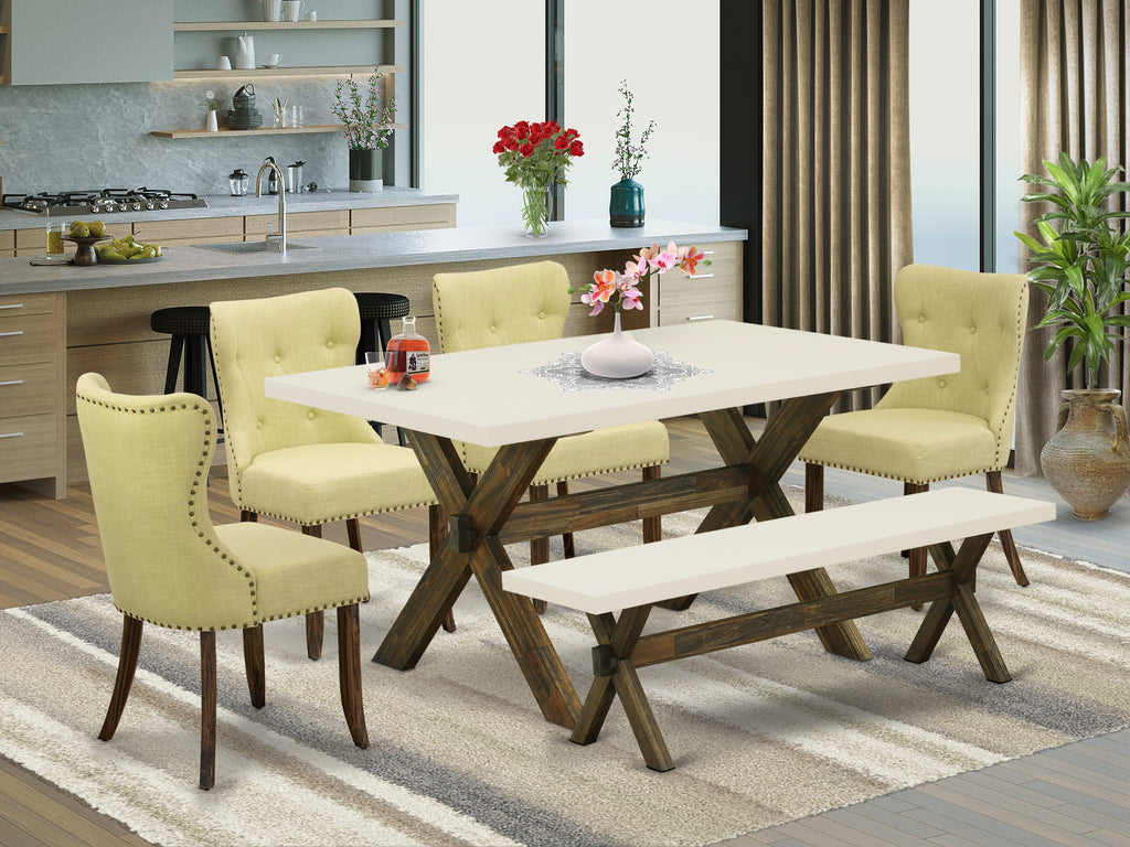 X726SPKBO-9 Modern 6-Piece Dining Assembly, Rectangle Table, 4 Limelight Linen Chairs & Bench, 36x60