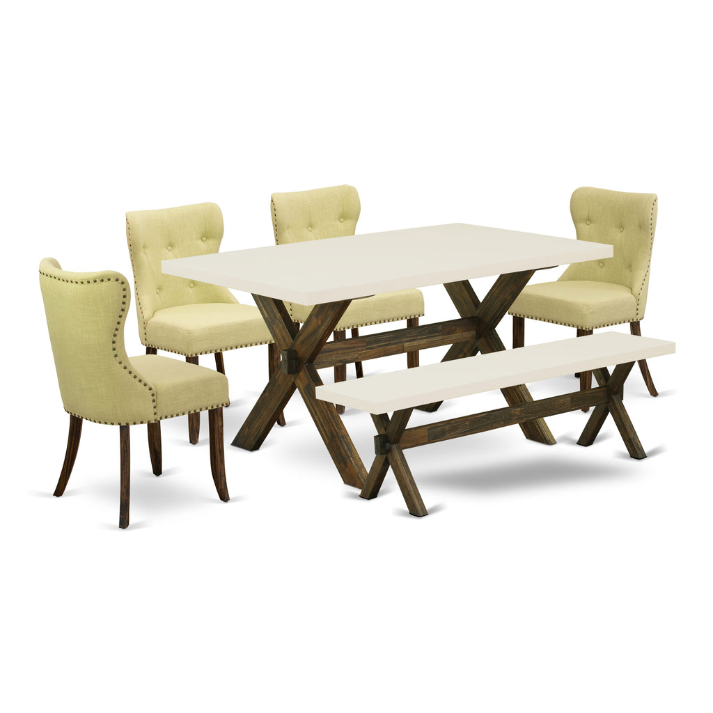 X726SPKBO-9 Modern 6-Piece Dining Assembly, Rectangle Table, 4 Limelight Linen Chairs & Bench, 36x60