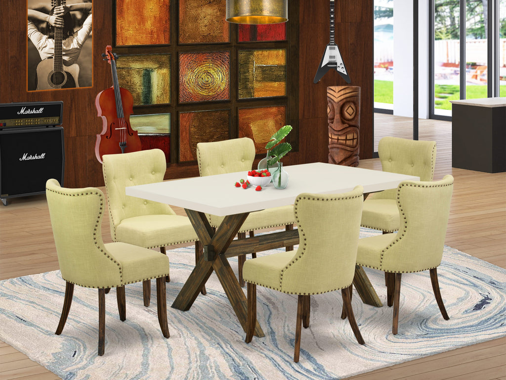 X726SRI60 7-Pc Dining Ensemble Rectangular Table & 6 Tufted Limelight Linen Chairs - Classic White & Distressed Jacobean Flair