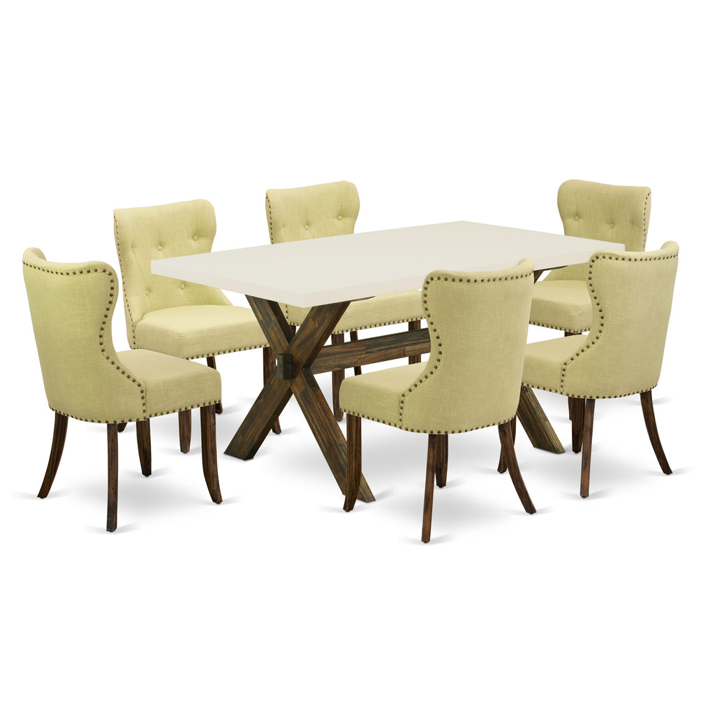 X726SRI60 7-Pc Dining Ensemble Rectangular Table & 6 Tufted Limelight Linen Chairs - Classic White & Distressed Jacobean Flair