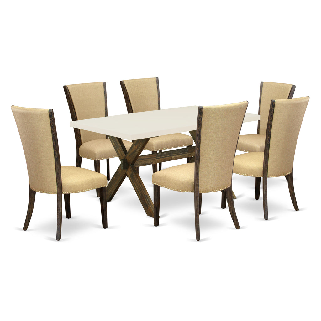 X726VTJT9-O 7-Piece Dining Ensemble Rectangular Table with X-Legs & 6 Parsons Chairs in Brown Linen, 36x60