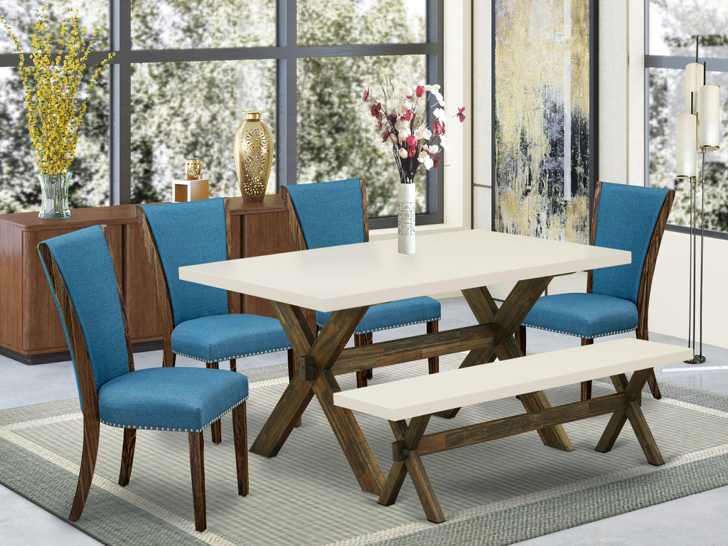 6-Piece Rectangle Dining Set X726V7VEV-Z with 4 Blue Chairs and Bench, 36x60 Inch, Multi-Tone Fabric