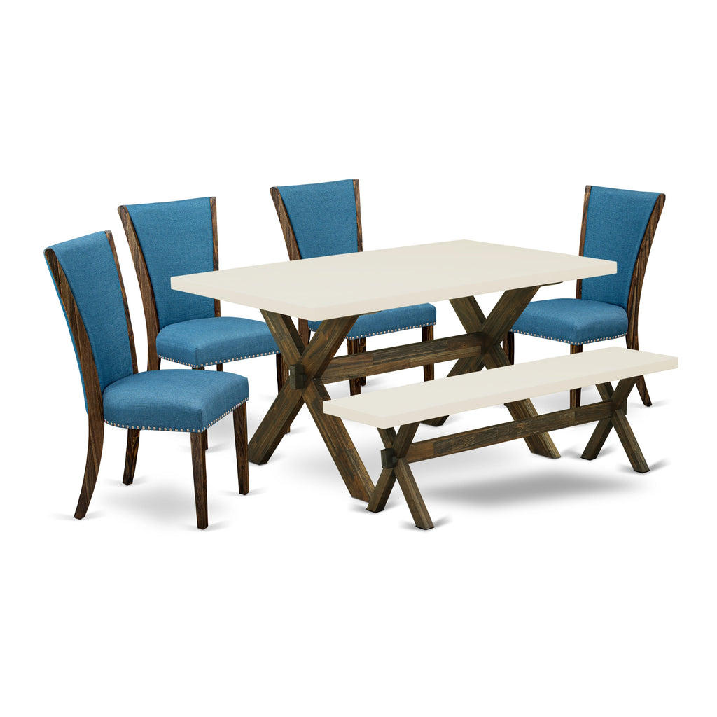 6-Piece Rectangle Dining Set X726V7VEV-Z with 4 Blue Chairs and Bench, 36x60 Inch, Multi-Tone Fabric