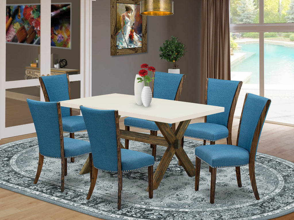 X726VBMNW-I 7-Piece Dining Ensemble with X-Leg Table and Blue Fabric Parson Chairs, 36x60 Inch