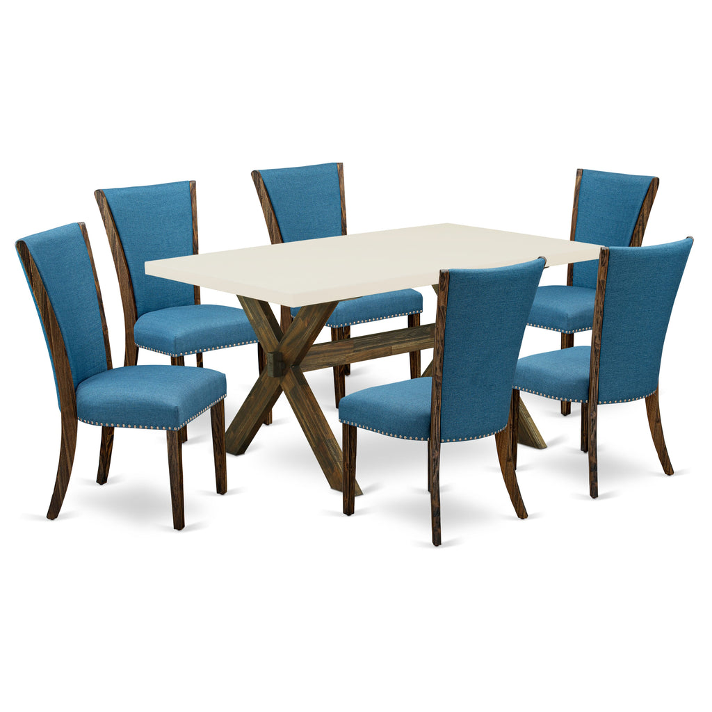 X726VBMNW-I 7-Piece Dining Ensemble with X-Leg Table and Blue Fabric Parson Chairs, 36x60 Inch