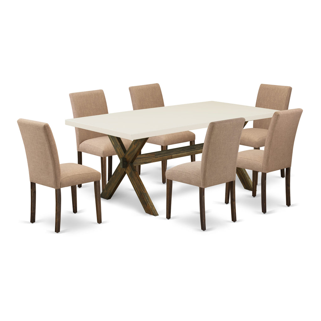 X727A37SC-Y 7-Piece Dining Ensemble Rectangular Table with X-Legs & 6 Sable Linen Chairs, Multi-Color, 40x72 Inches
