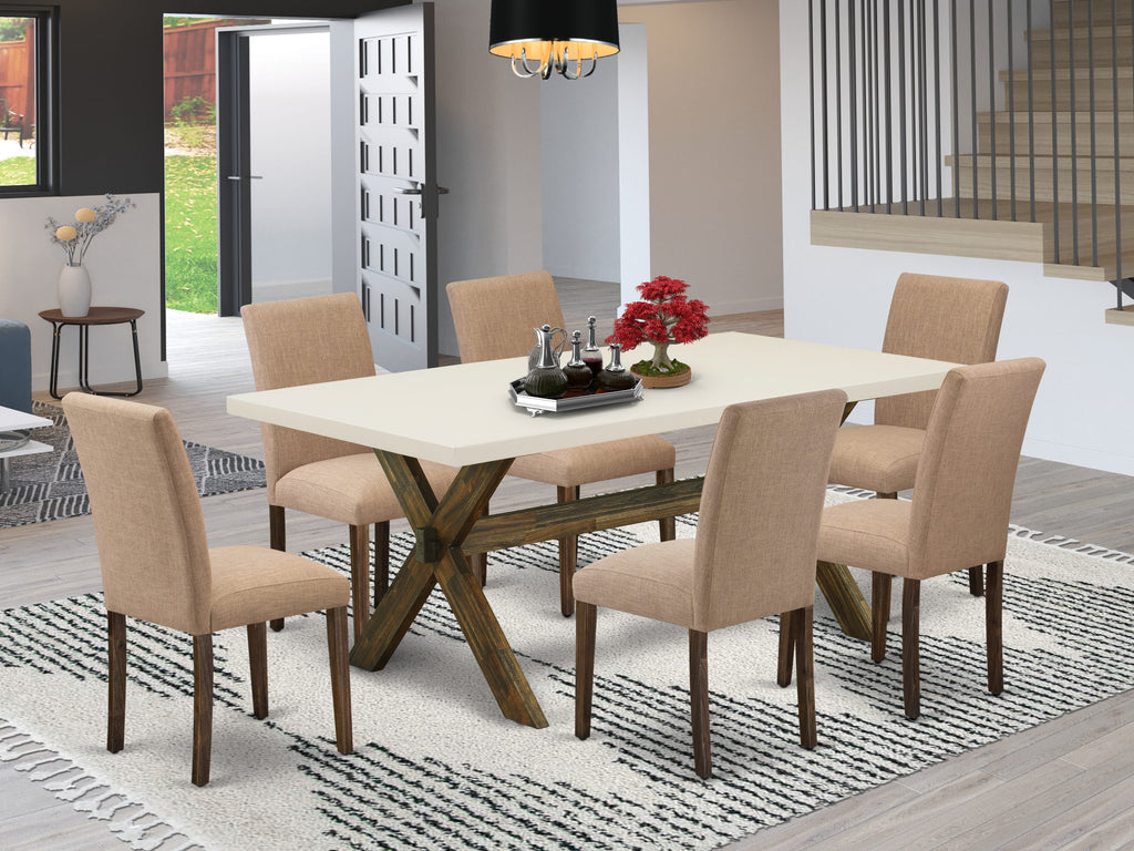 X727A37SC-Y 7-Piece Dining Ensemble Rectangular Table with X-Legs & 6 Sable Linen Chairs, Multi-Color, 40x72 Inches