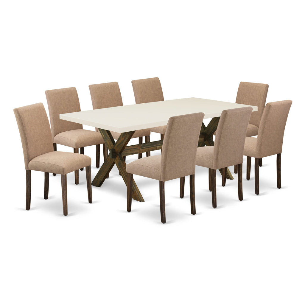 X727AK7LG-0 9-Piece Dining Set with X-Legged Table & 8 Light Sable Linen Upholstered Parsons Chairs, 40x72