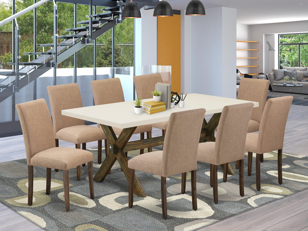 X727AK7LG-0 9-Piece Dining Set with X-Legged Table & 8 Light Sable Linen Upholstered Parsons Chairs, 40x72
