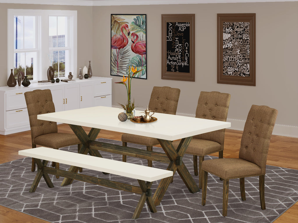 X727ELRSJ-R 6 Piece Dining Ensemble with Rectangular Table & X-Legs, Brown Linen Parson Chairs + Bench