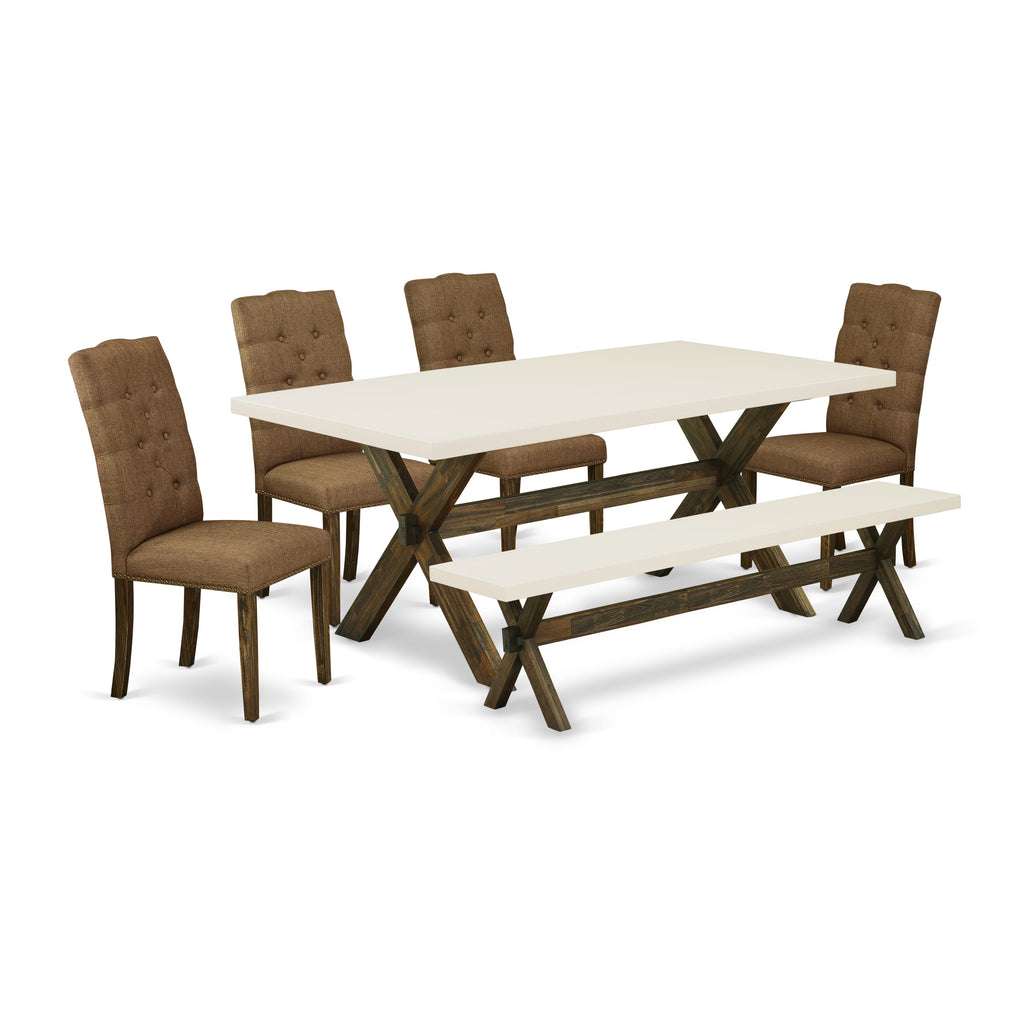 X727ELRSJ-R 6 Piece Dining Ensemble with Rectangular Table & X-Legs, Brown Linen Parson Chairs + Bench