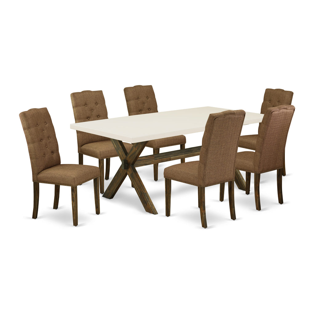 X727EUDDV-6 7-Piece Dining Set with Rectangle Table & 6 Brown Upholstered Chairs, Multi-Color (40x72 Inch)