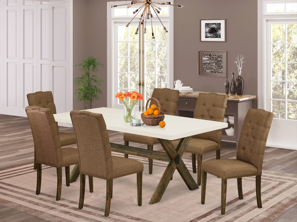X727EUDDV-6 7-Piece Dining Set with Rectangle Table & 6 Brown Upholstered Chairs, Multi-Color (40x72 Inch)