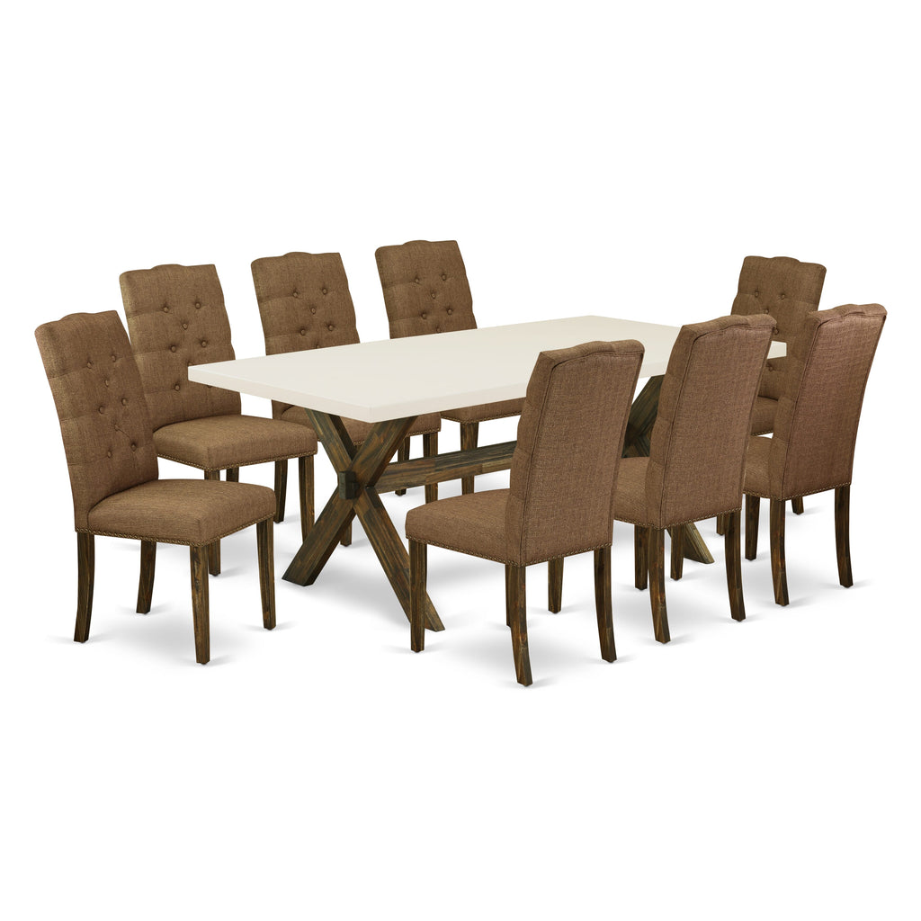 X727E8RWF-6 Ensemble 9-Pc Rectangle Table Set with X-Legs & 8 Upholstered Parson Chairs, 40x72 Inch, Multi-Color Seating Transformation