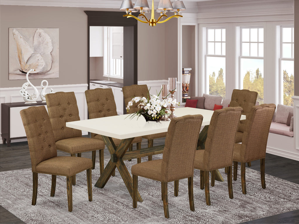 X727E8RWF-6 Ensemble 9-Pc Rectangle Table Set with X-Legs & 8 Upholstered Parson Chairs, 40x72 Inch, Multi-Color Seating Transformation