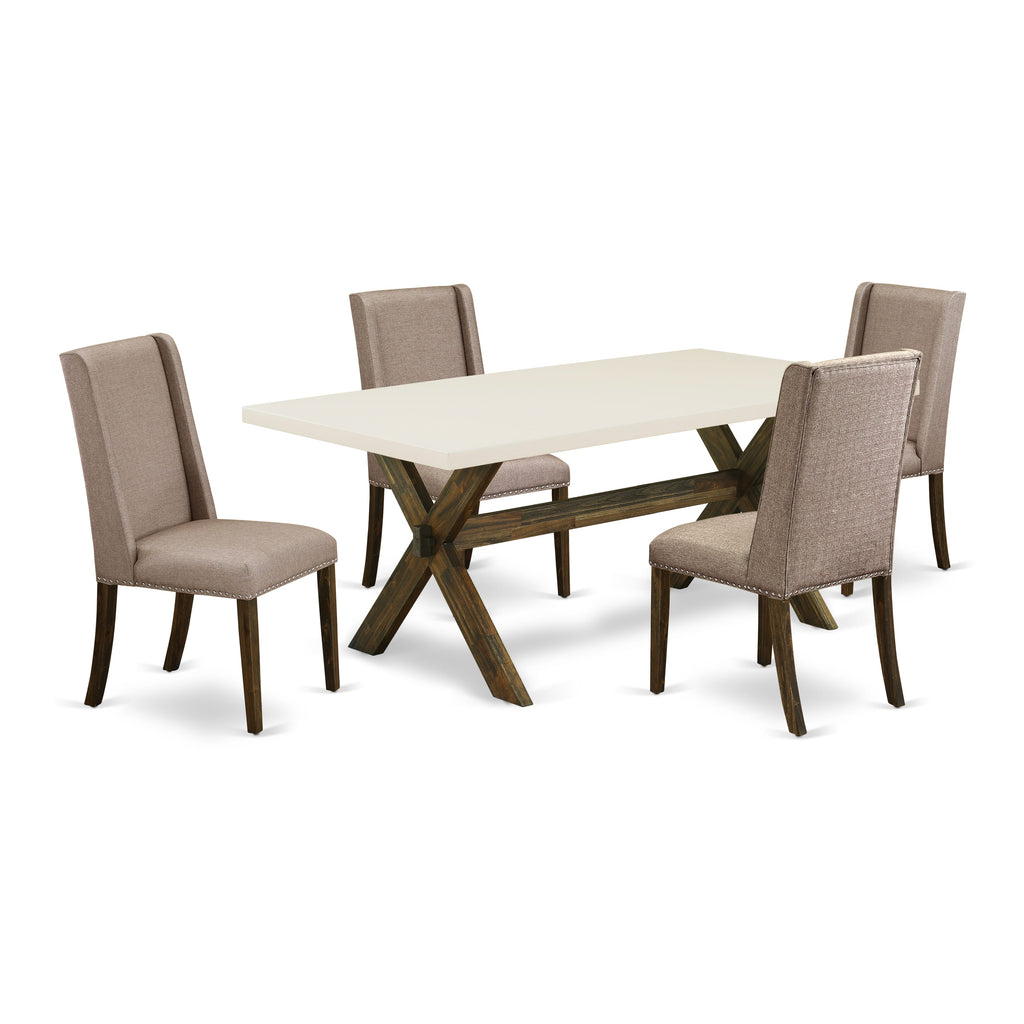 X727F1MUB-H 5-Pc Dining Ensemble - Rectangular Table with X-Design Legs and 4 Dark Khaki Fabric Chairs, 40x72