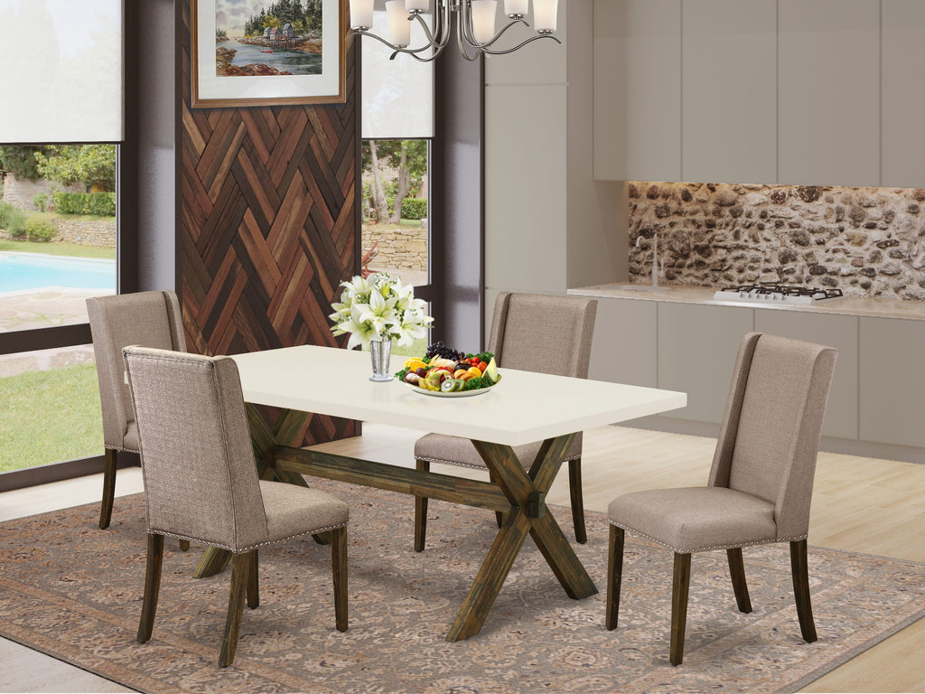 X727F1MUB-H 5-Pc Dining Ensemble - Rectangular Table with X-Design Legs and 4 Dark Khaki Fabric Chairs, 40x72