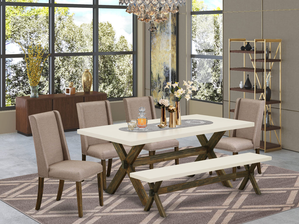 X727F1GMJ-F 6-Piece Dining Ensemble with X-Leg Table, 4 Linen Parson Chairs and Bench, Multi-Color 40x72 Inch