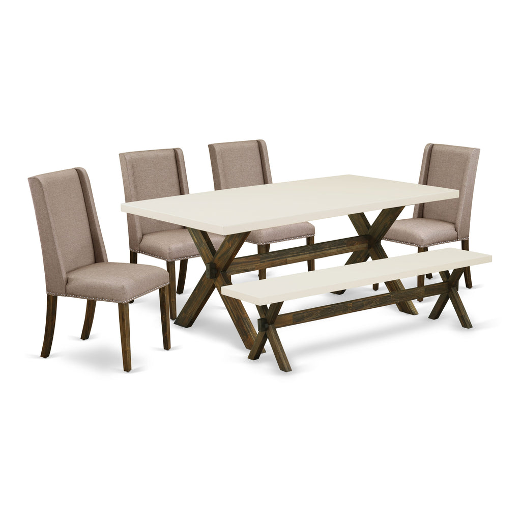 X727F1GMJ-F 6-Piece Dining Ensemble with X-Leg Table, 4 Linen Parson Chairs and Bench, Multi-Color 40x72 Inch