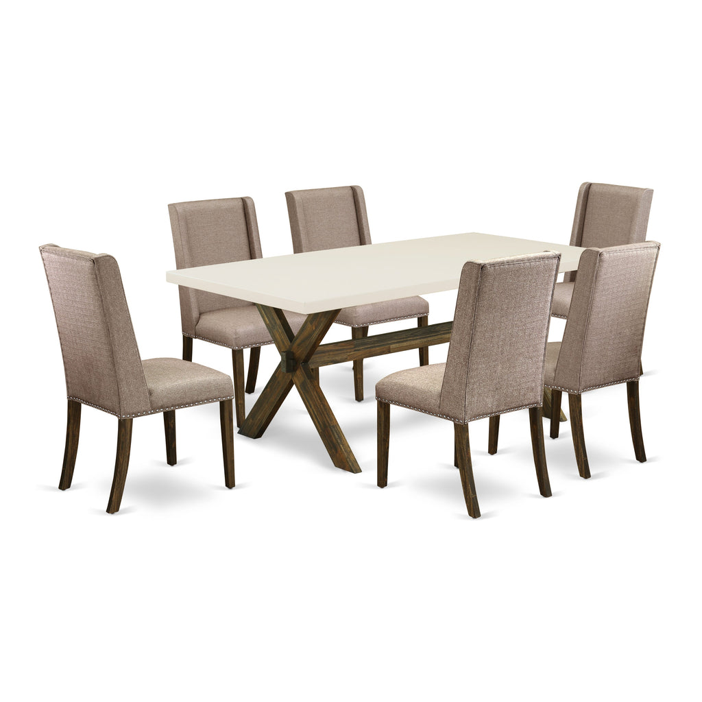X727FH3ZO-U 7-Piece Rectangle Dining Set with X-Legs and 6 Upholstered Parson Chairs in Dark Khaki Linen, Multi-Color