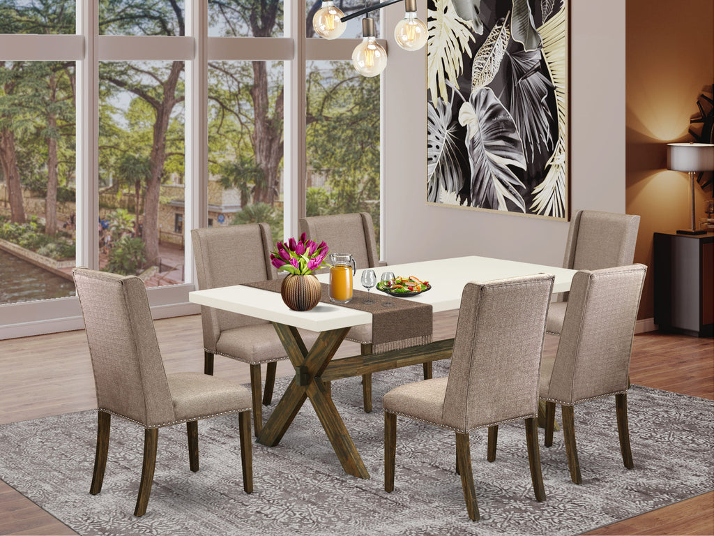 X727FH3ZO-U 7-Piece Rectangle Dining Set with X-Legs and 6 Upholstered Parson Chairs in Dark Khaki Linen, Multi-Color