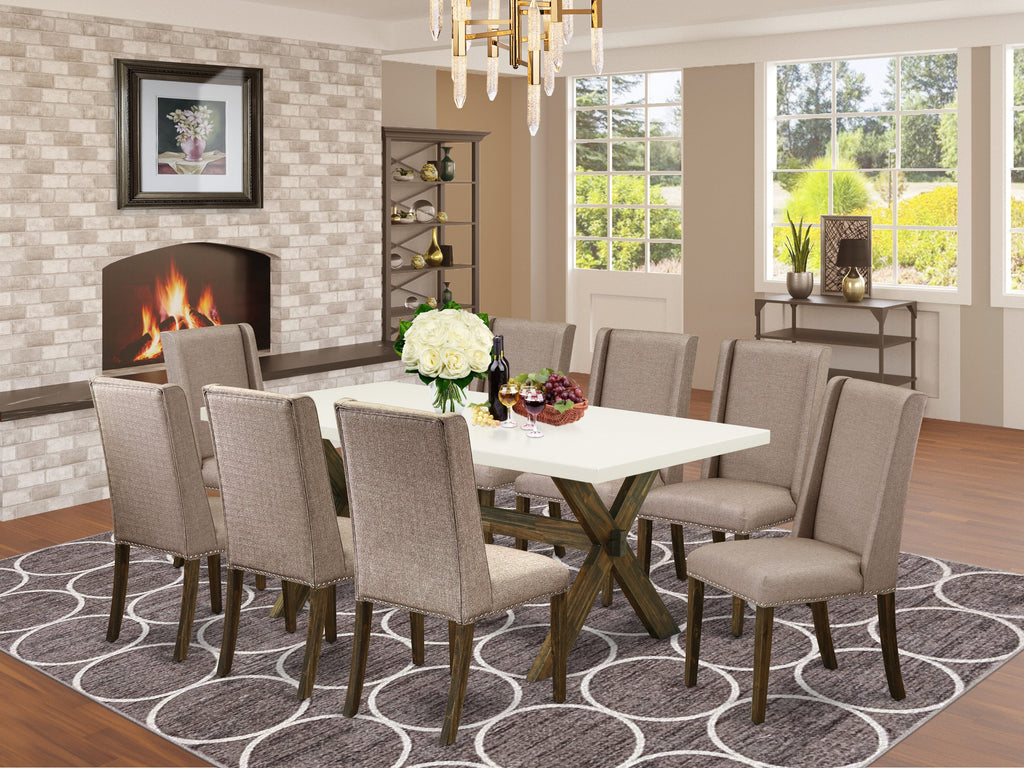 X727FBERR-N 9-Piece Dining Set with X-Leg Table & Linen Parsons Chairs in Multi-Hues 40x72 Inches