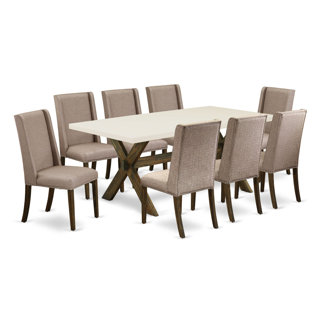 X727FBERR-N 9-Piece Dining Set with X-Leg Table & Linen Parsons Chairs in Multi-Hues 40x72 Inches