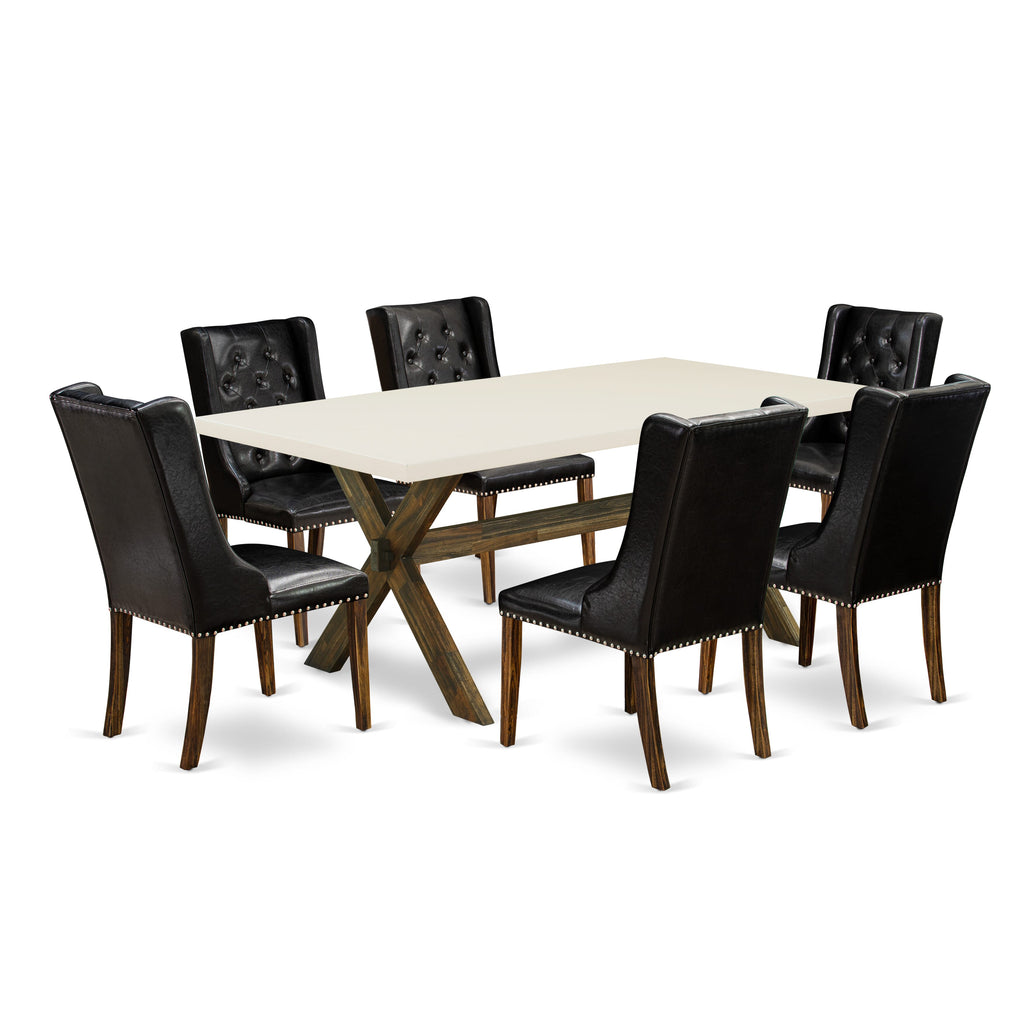 X727FRNF5-D 7-Piece Dining Ensemble with Sculpted X-Leg Table & Black Faux Leather Chairs, 40x72