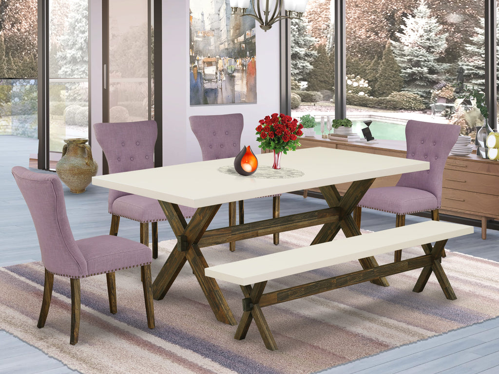 Dining Set X727GGU7E-U 6-Piece Includes Rectangular Table with X-Legs, Bench & 4 Parson Chairs, Multi-Color, 40x72 Inch
