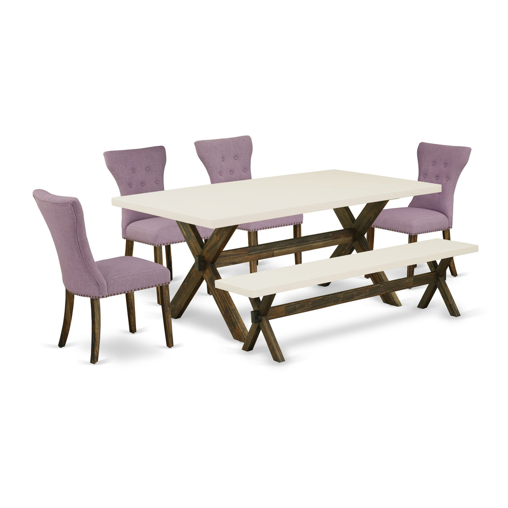 Dining Set X727GGU7E-U 6-Piece Includes Rectangular Table with X-Legs, Bench & 4 Parson Chairs, Multi-Color, 40x72 Inch