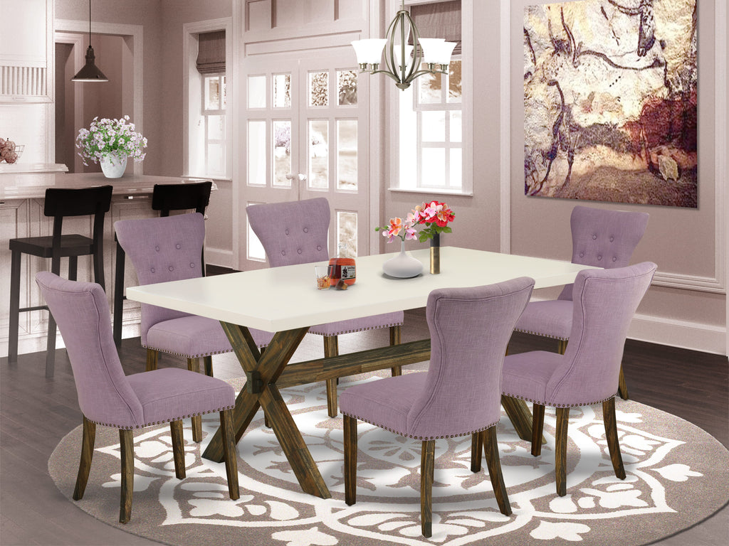 Versatile Dining Ensemble X727GORJL-7 7-Piece Rectangle Table with X-Legs & 6 Stylish Parson Chairs