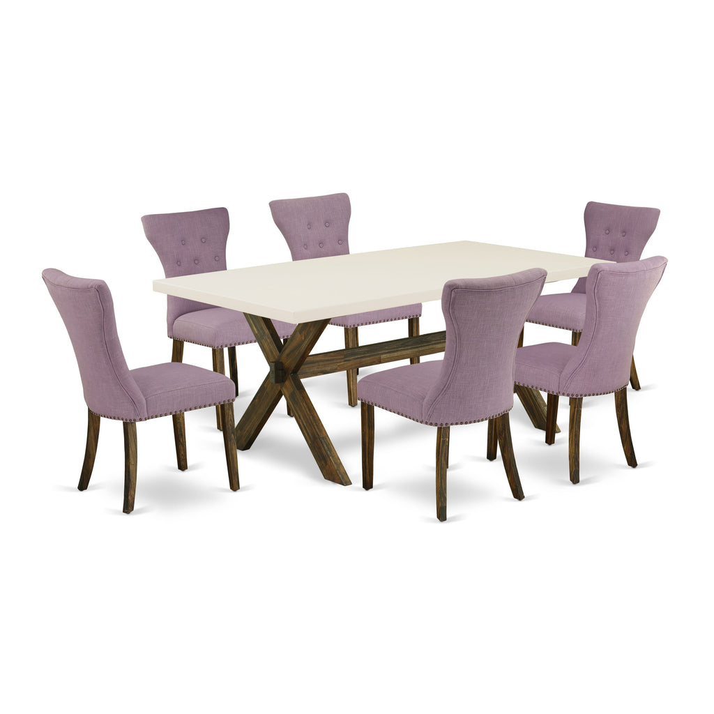 Versatile Dining Ensemble X727GORJL-7 7-Piece Rectangle Table with X-Legs & 6 Stylish Parson Chairs