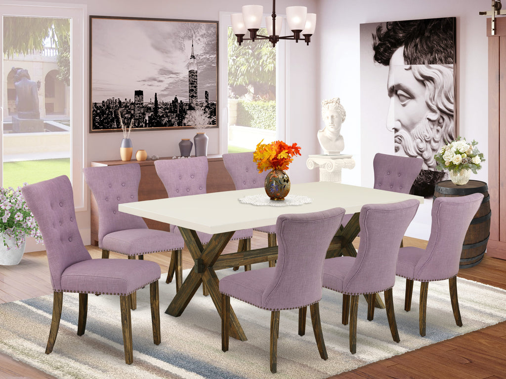 X727GXBD7-V 9-Piece Kitchen Set Rectangle Table with X-Legs & 8 Fabric Chairs, 40x72 Multi-Color Design