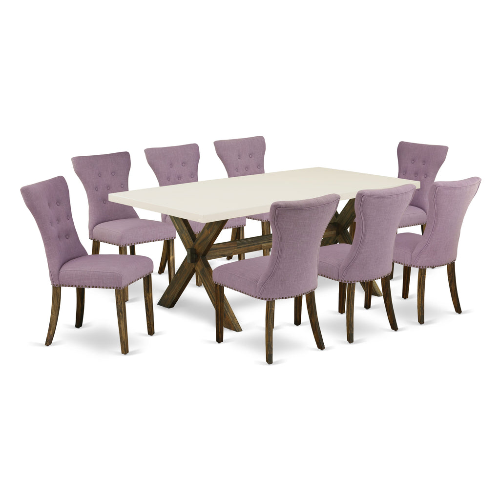 X727GXBD7-V 9-Piece Kitchen Set Rectangle Table with X-Legs & 8 Fabric Chairs, 40x72 Multi-Color Design