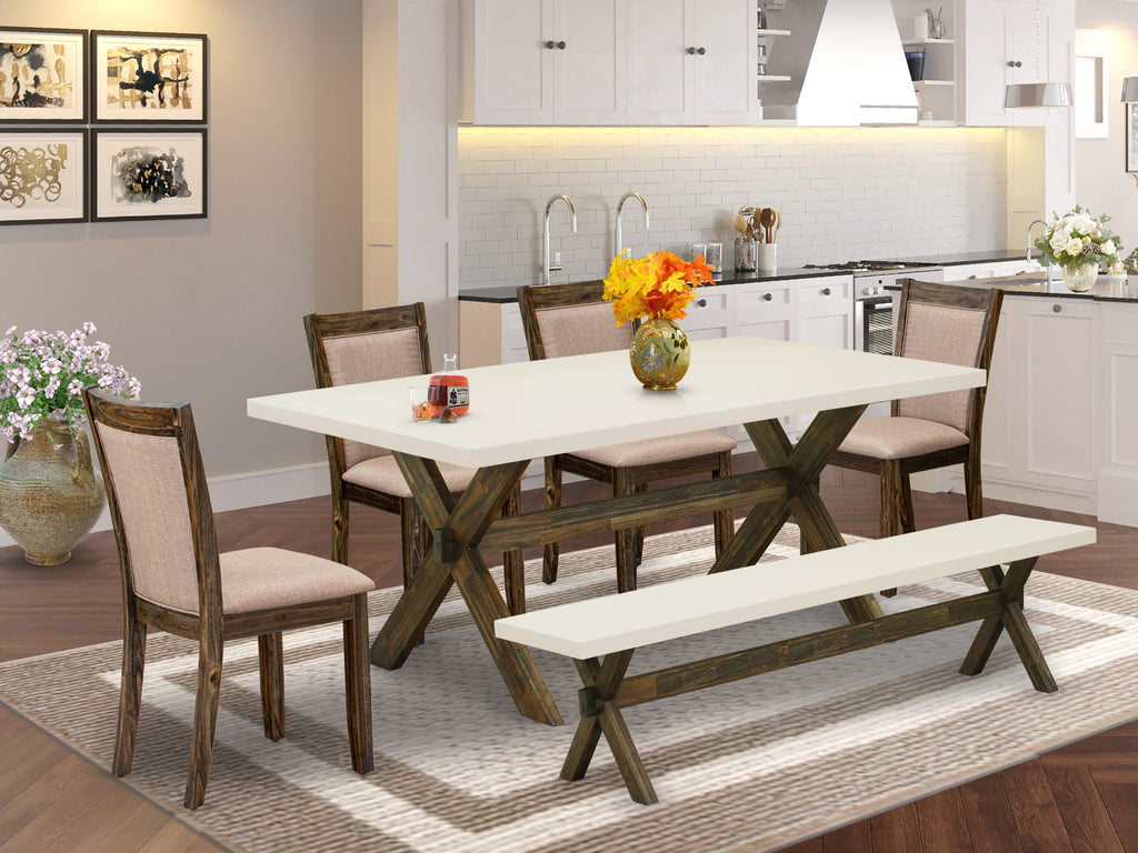 X727MZUXY-X Rectangular Dining Bundle X-Legged Table, Bench & 4 Parson Chairs in Dark Khaki