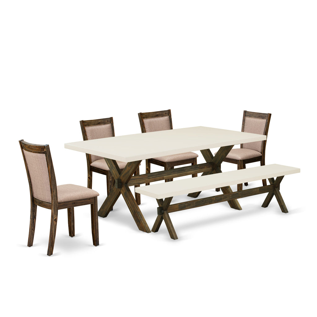 X727MZUXY-X Rectangular Dining Bundle X-Legged Table, Bench & 4 Parson Chairs in Dark Khaki