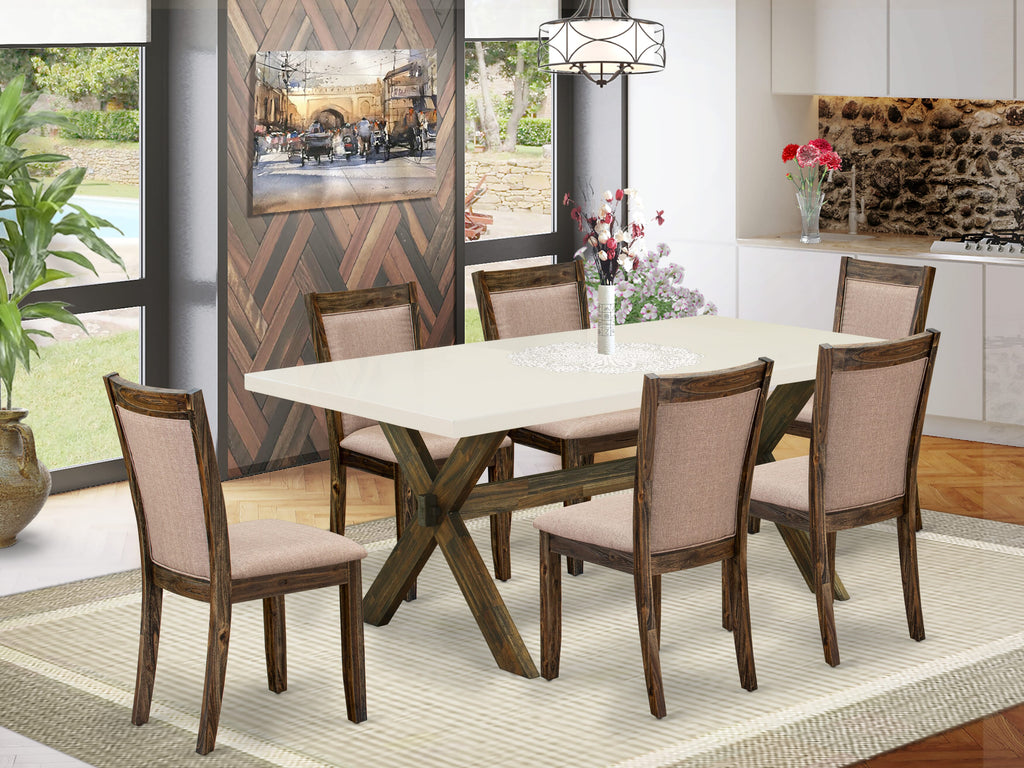 X727MYNRK-S Stylish 7-Piece Dining Ensemble Rectangular Table with X-Legs & 6 Dark Khaki Upholstered Chairs