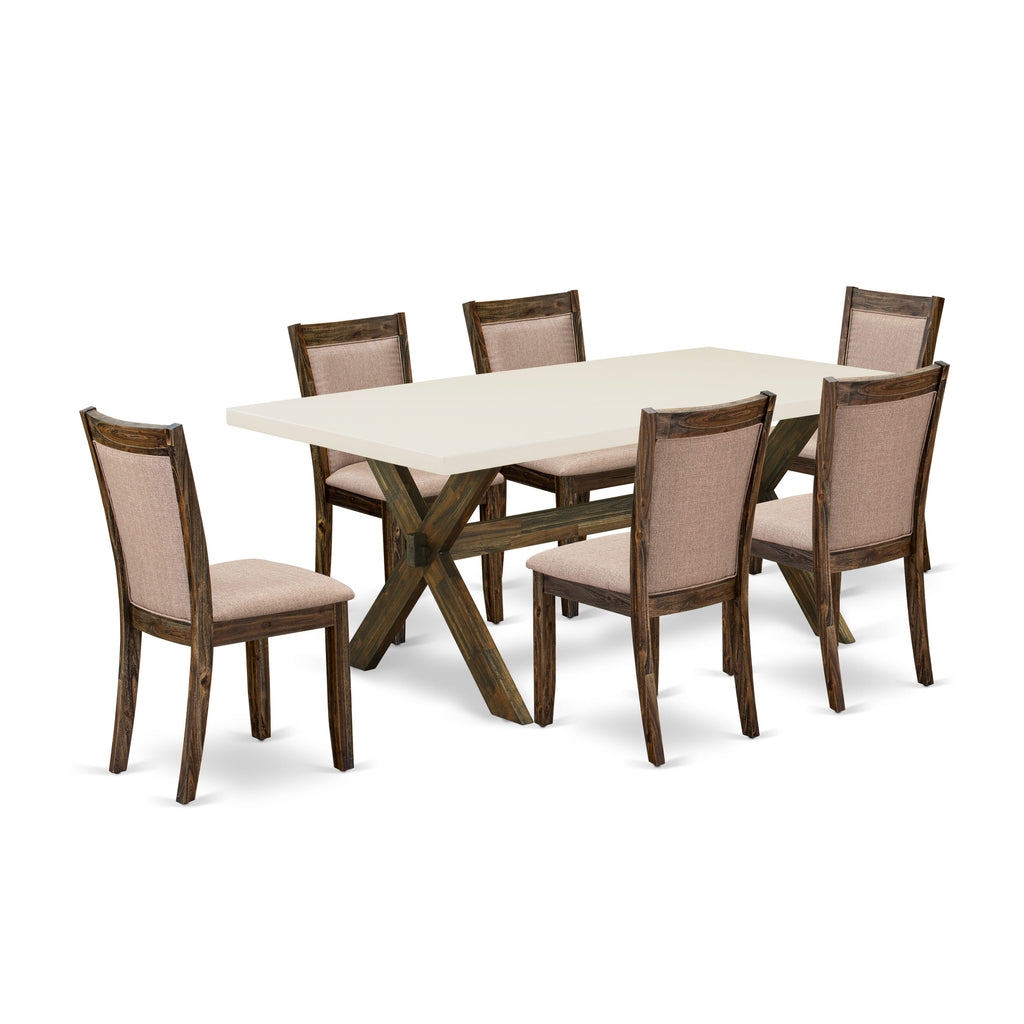 X727MYNRK-S Stylish 7-Piece Dining Ensemble Rectangular Table with X-Legs & 6 Dark Khaki Upholstered Chairs