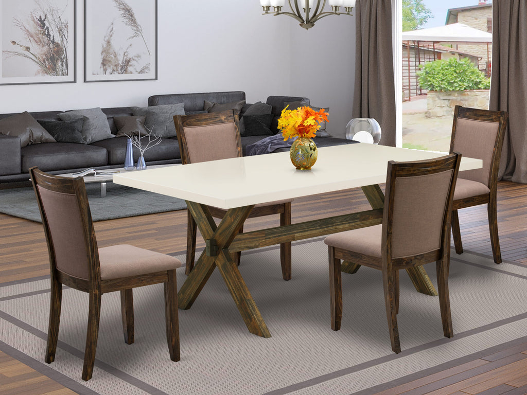 X727MX4U6-V 5-Piece Dining Set Rectangular Table with X-Legs and 4 Coffee Linen Chairs