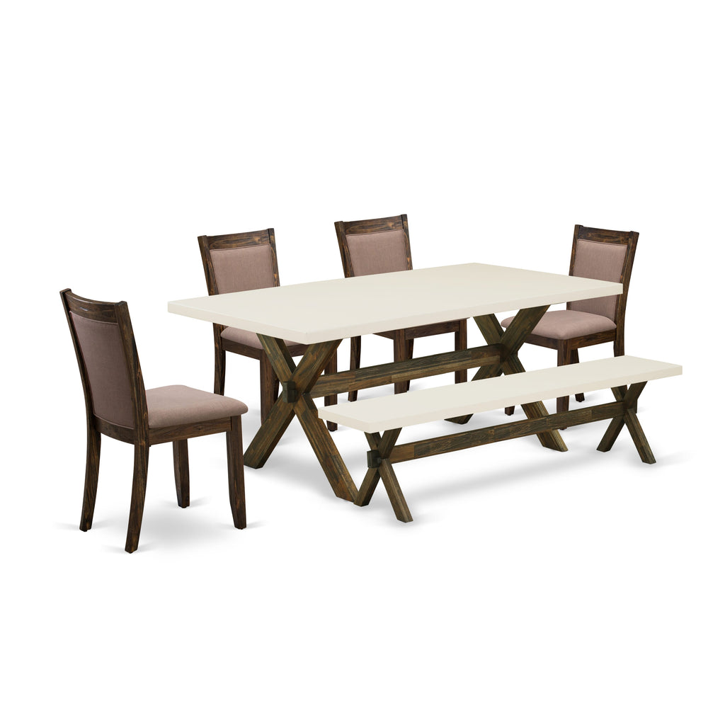 X727M2W5S-W Dining Ensemble Elegantly Crafted 6-Piece Set with Rectangular Table, X-Design Supports, 4 Upholstered Coffee Chairs & Bench, Multicolored, 40x72 Inches