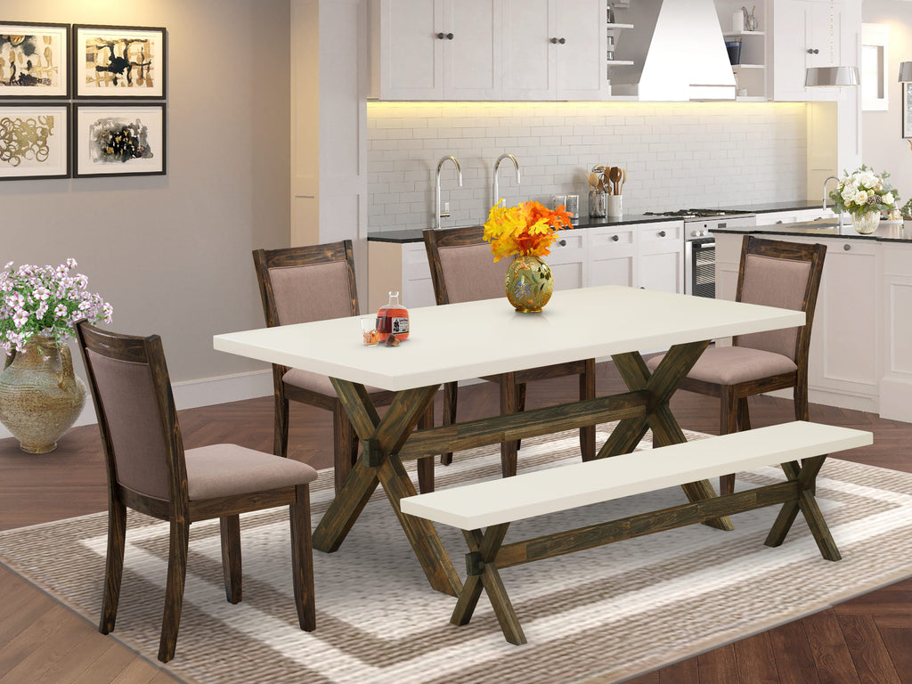 X727M2W5S-W Dining Ensemble Elegantly Crafted 6-Piece Set with Rectangular Table, X-Design Supports, 4 Upholstered Coffee Chairs & Bench, Multicolored, 40x72 Inches