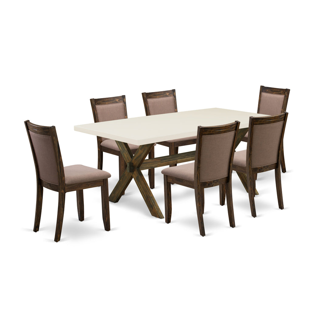 X727MBUPN-Z Dining Set 7-Piece Rectangle Table with X-Legs and 6 Upholstered Coffee Linen Chairs, Multi-Color 72x40