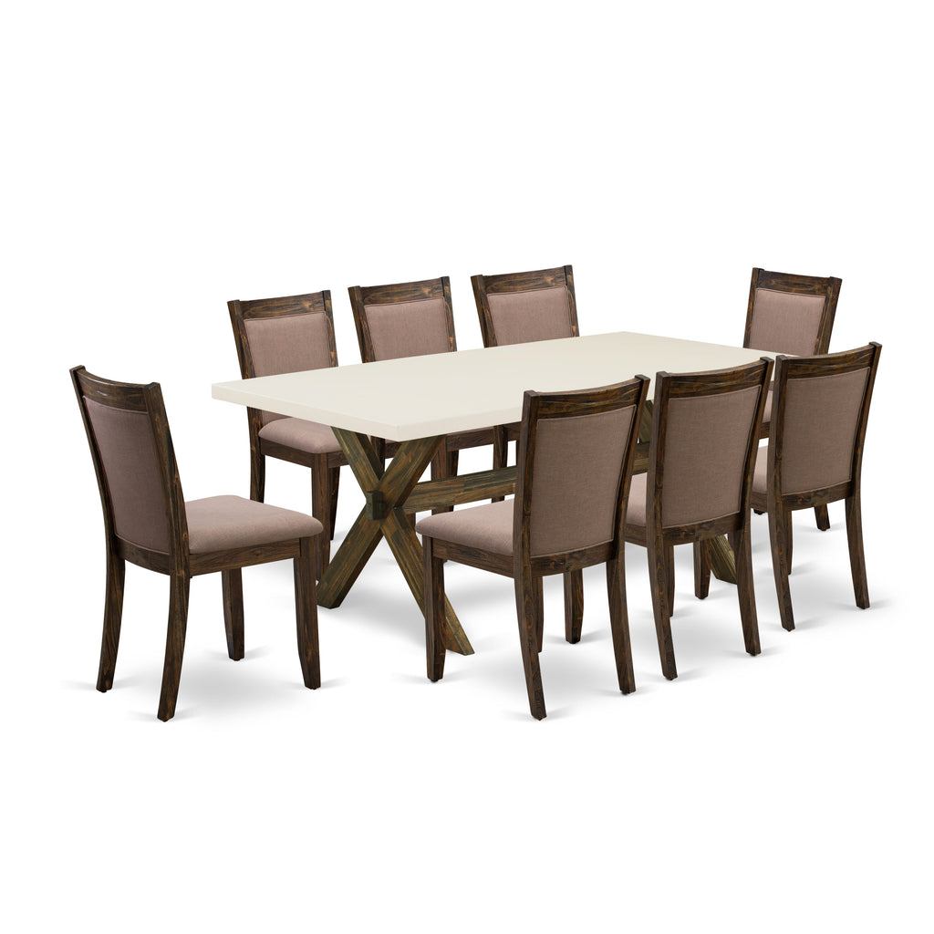 X727MTFTI-C Dining Ensemble Rectangle Table with X-Legs and 8 Textural Coffee Chairs for Versatile Spaces